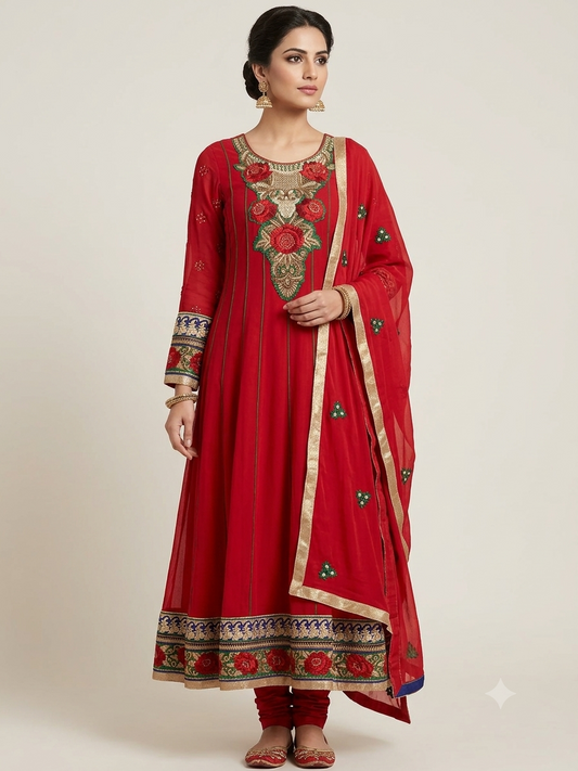 Elegant Red  Anarkali Suit with Heavy Rose Embroidery & Gold Border - Size Medium (40)
