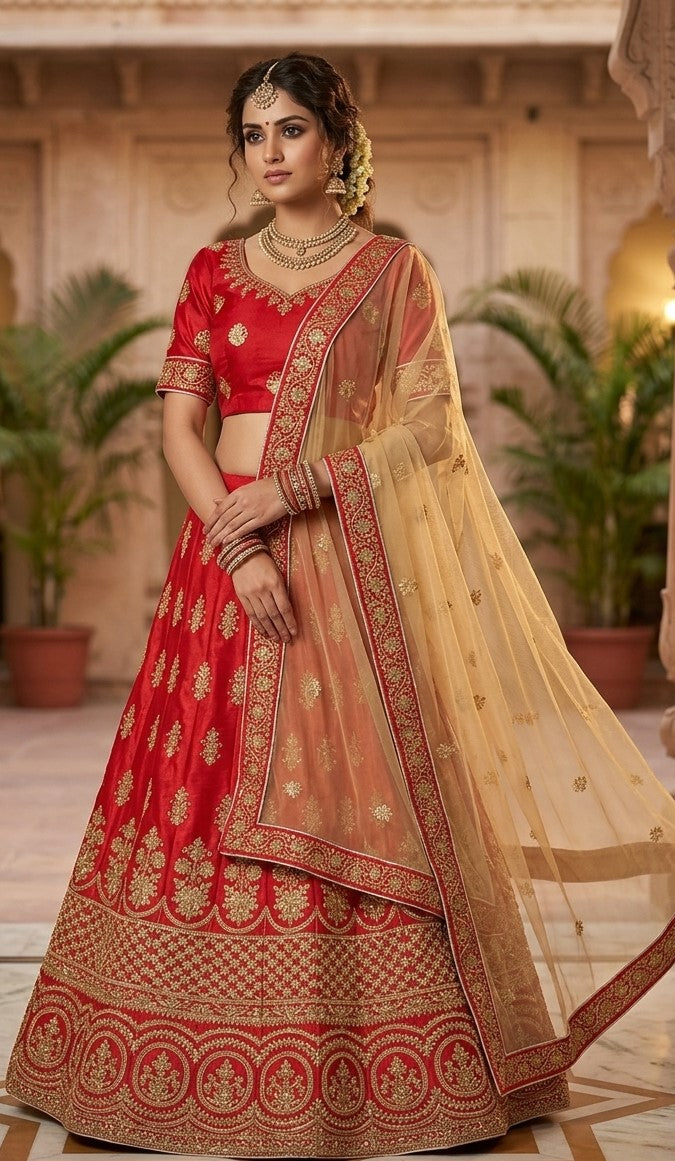 Red bridal lehenga choli set with gold zari embroidery and cream net dupatta - front view