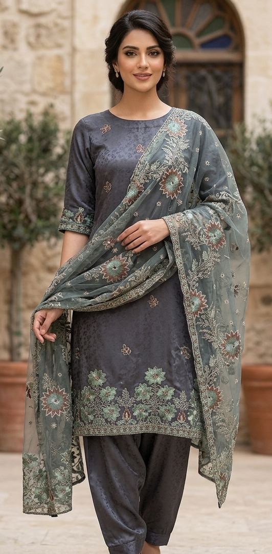 Stale Gray Salwar kameez dress Embroidered chest size 52 Indian wedding party wear