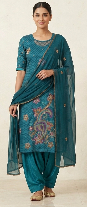Plus Size 54 Teal Blue Embroidered Cotton Straight Kurta Salwar Suit Set with Dupatta