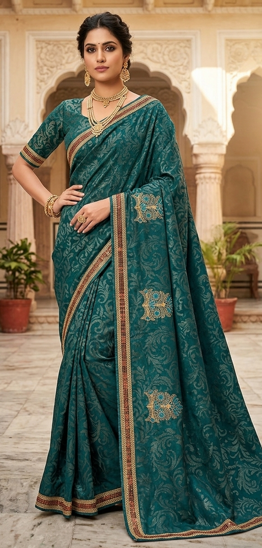 Teal green jacquard silk saree with allover floral weave, gold maroon embroidered border and medallion motifs, worn by a model in a heritage palace setting