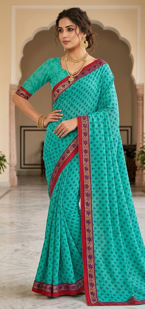 Turquoise blue crepe saree with floral print and red contrast border, worn with matching blouse size 40 medium