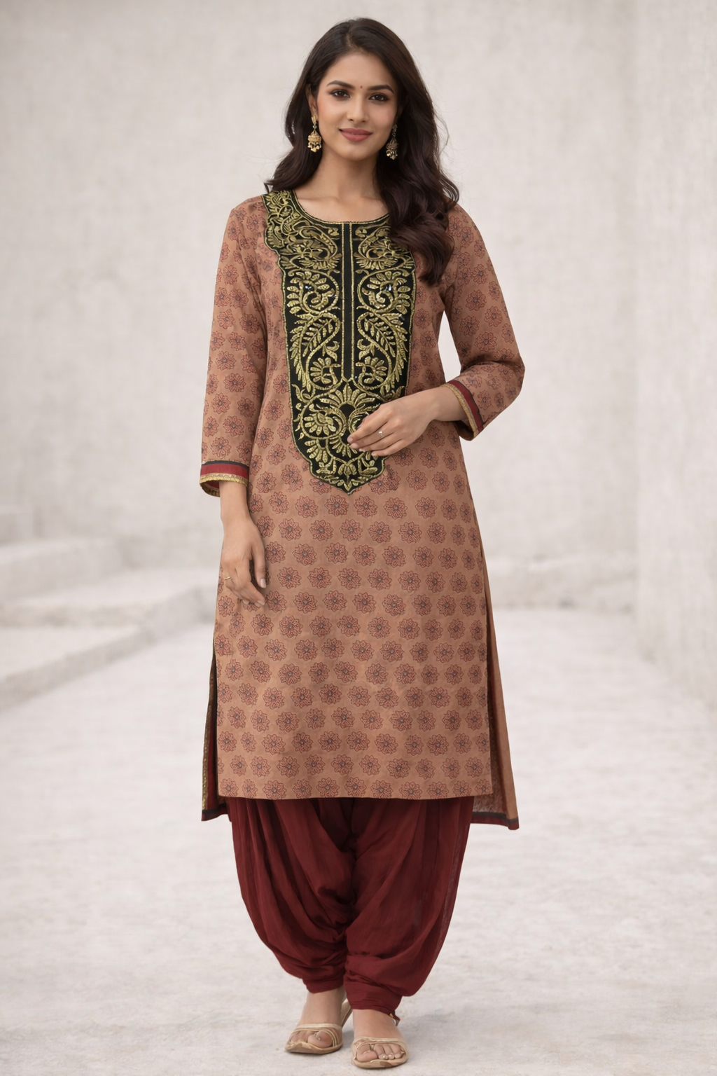Brown Cotton  Embroidered Salwar Kameez Size XL Chest size 46