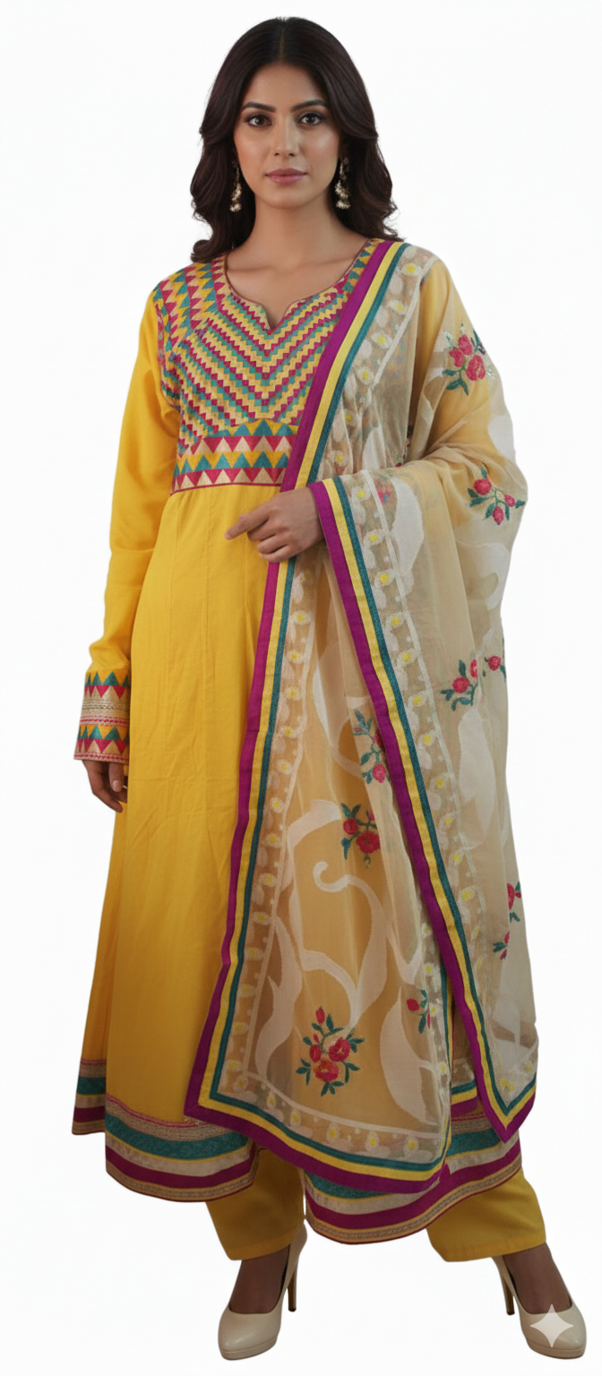 Yellow Embroidered  long sleeve  Cotton Salwar kameez dress chest size 46 XL Indian wedding party wear