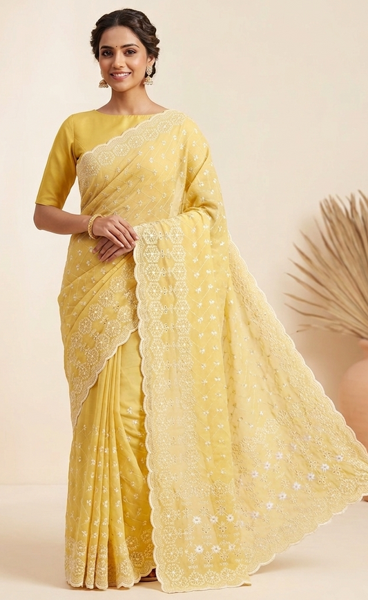 Pastel yellow chikankari embroidered georgette saree with white floral threadwork and scalloped border, paired with matching yellow silk blouse, worn by a model against a neutral background