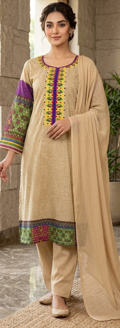 Beige women's dress with multicolor neckline, purple and green sleeve borders and patterned hem, styled with beige pants and dupatta.