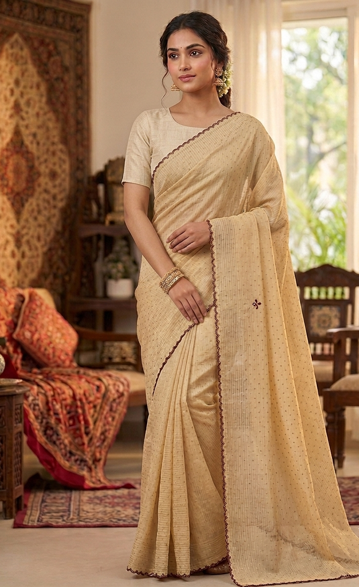 Beige embroidered saree with dark brown scalloped border and matching blouse, modeled in a traditional setting