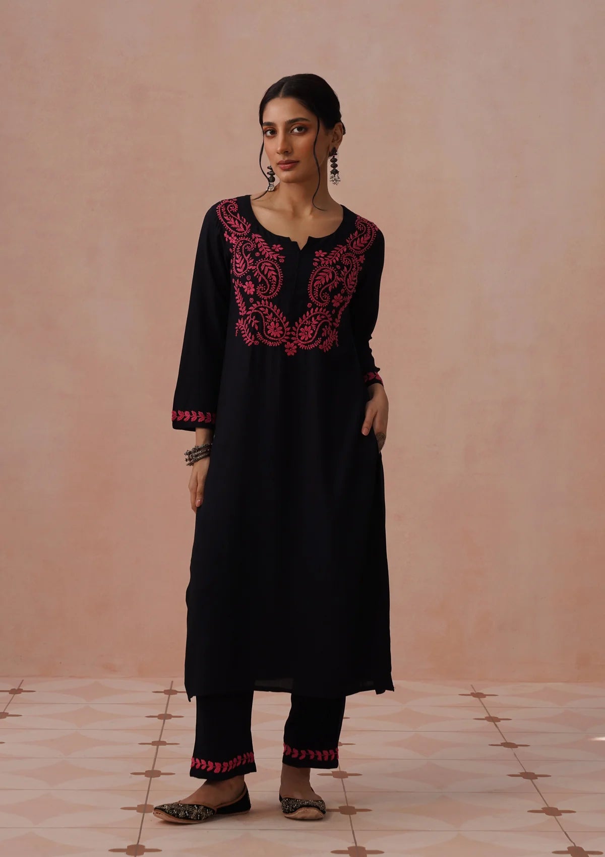 Black Embroidered plazzo set with dupatta Cotton size XL chest size 44