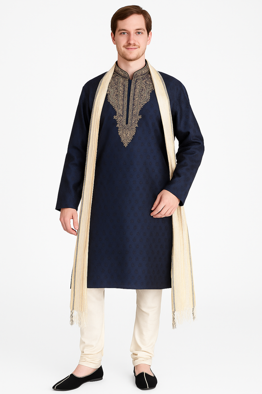 Men's Blue Kurta Pajama Set with Shawl for Weddings | Plus Sizes up to 8XL | Ships from US