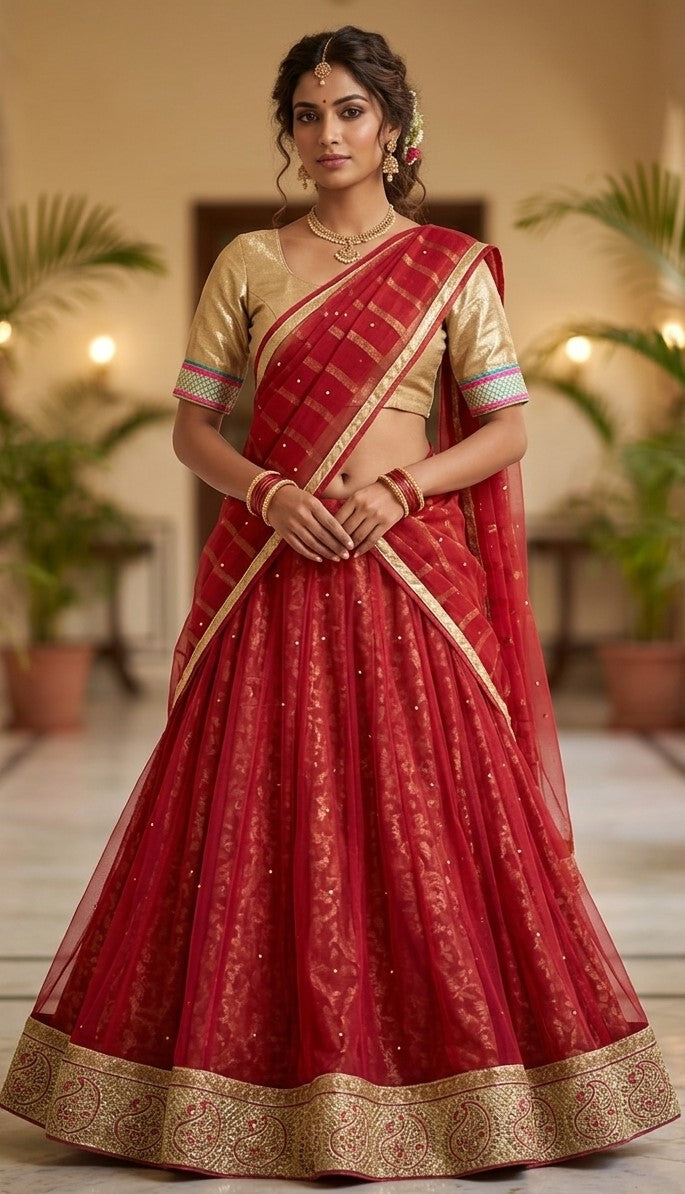 Burgundy lehenga choli with a flared skirt, gold-toned embroidered border, and matching blouse