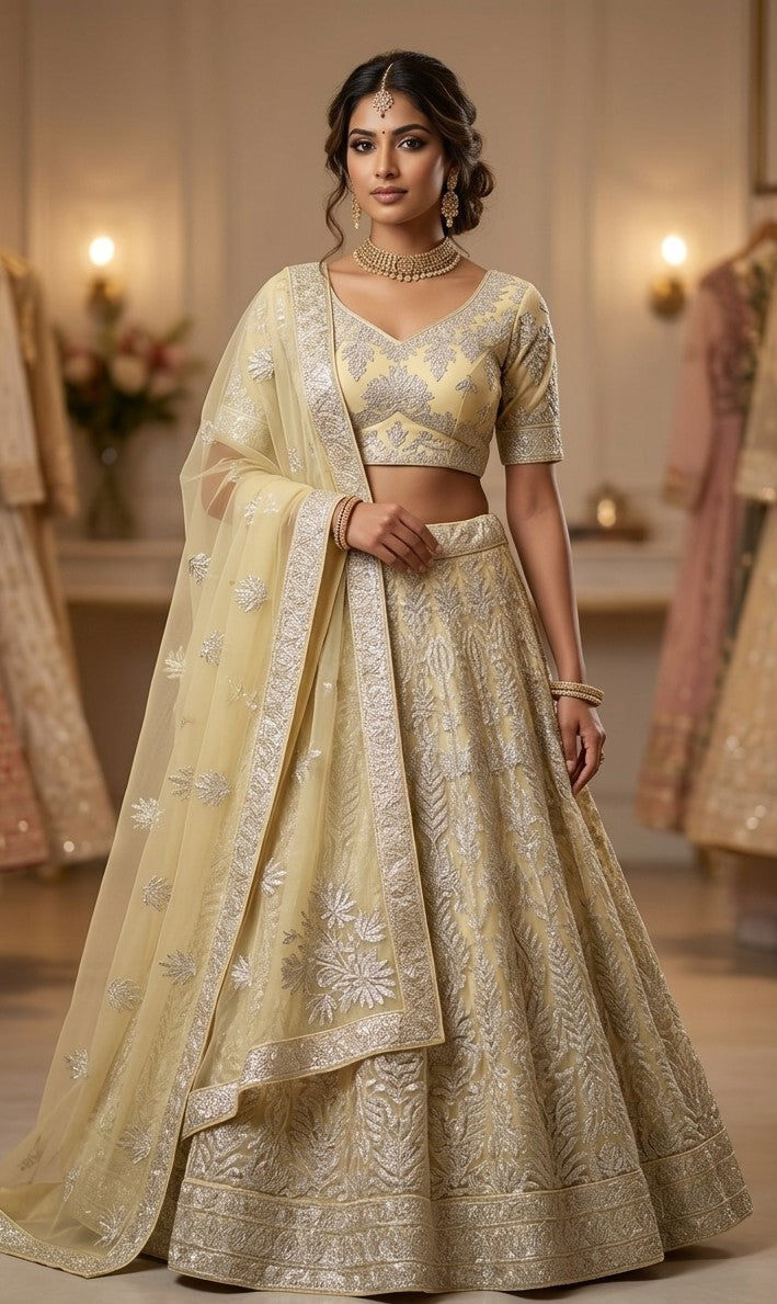 Gold three-piece lehenga choli set with embroidered blouse, flared lehenga skirt, and dupatta