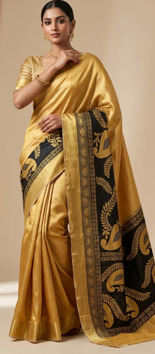 Golden Banarasi silk saree with black zari woven paisley border and pallu, paired with matching golden silk blouse, worn by a model