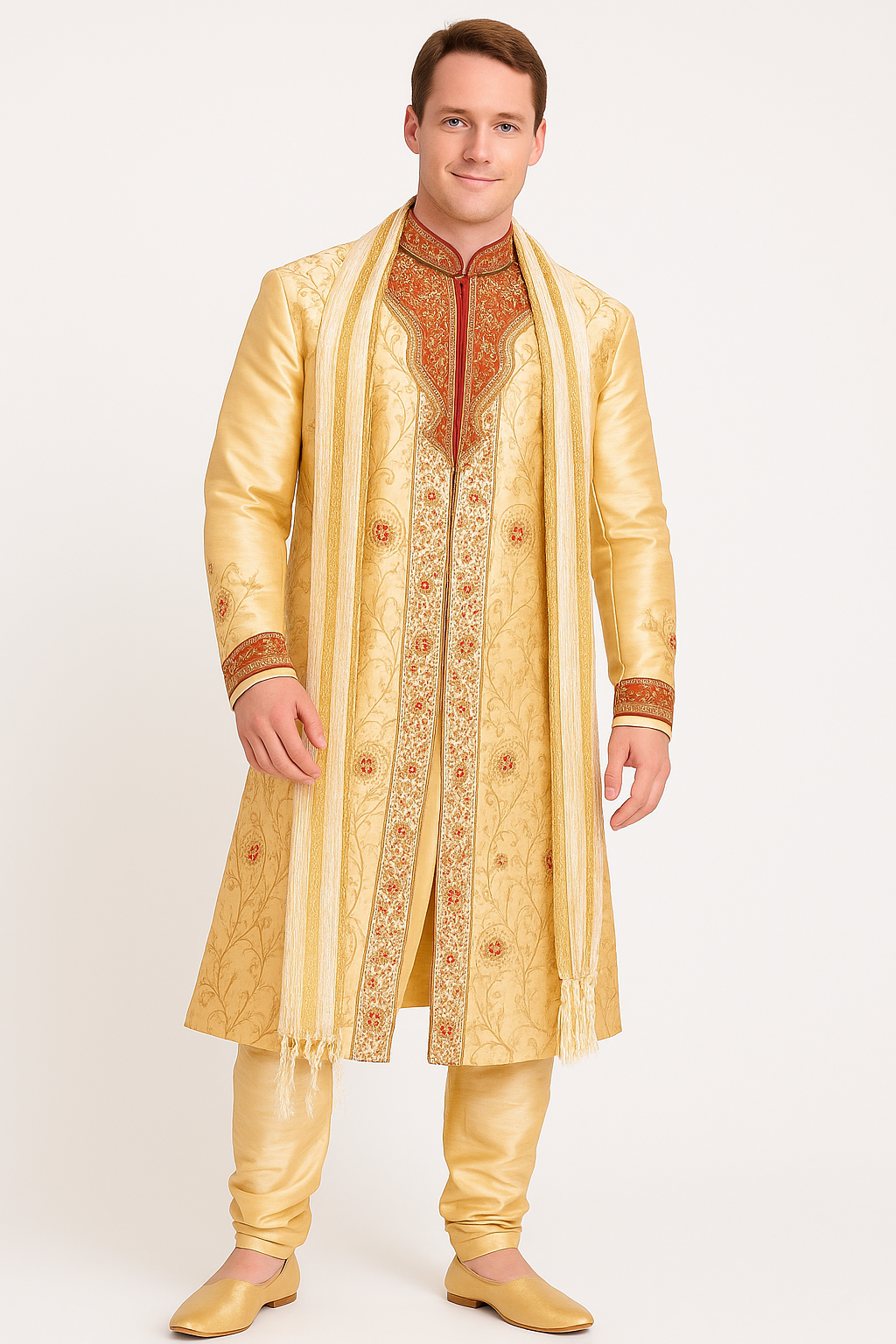 Gold and red embroidered men's sherwani – handmade Indian ethnic wedding outfit