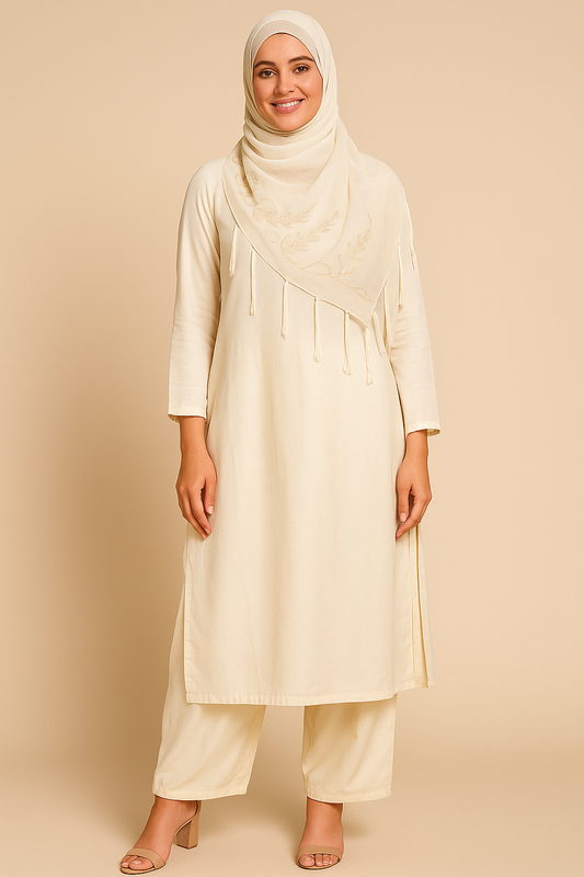 Cream Beaded Chiffon Shawl – Modest Wear Scarf with Delicate Embroidery and Tassels