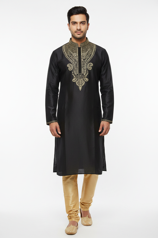 Men's black silk kurta pajama set with gold paisley embroidery – traditional Indian ethnic wear without dupatta
