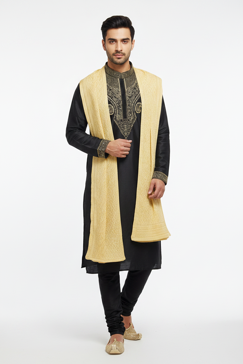 Men's black silk kurta pajama set with gold embroidery and cream dupatta shawl – Indian wedding wear