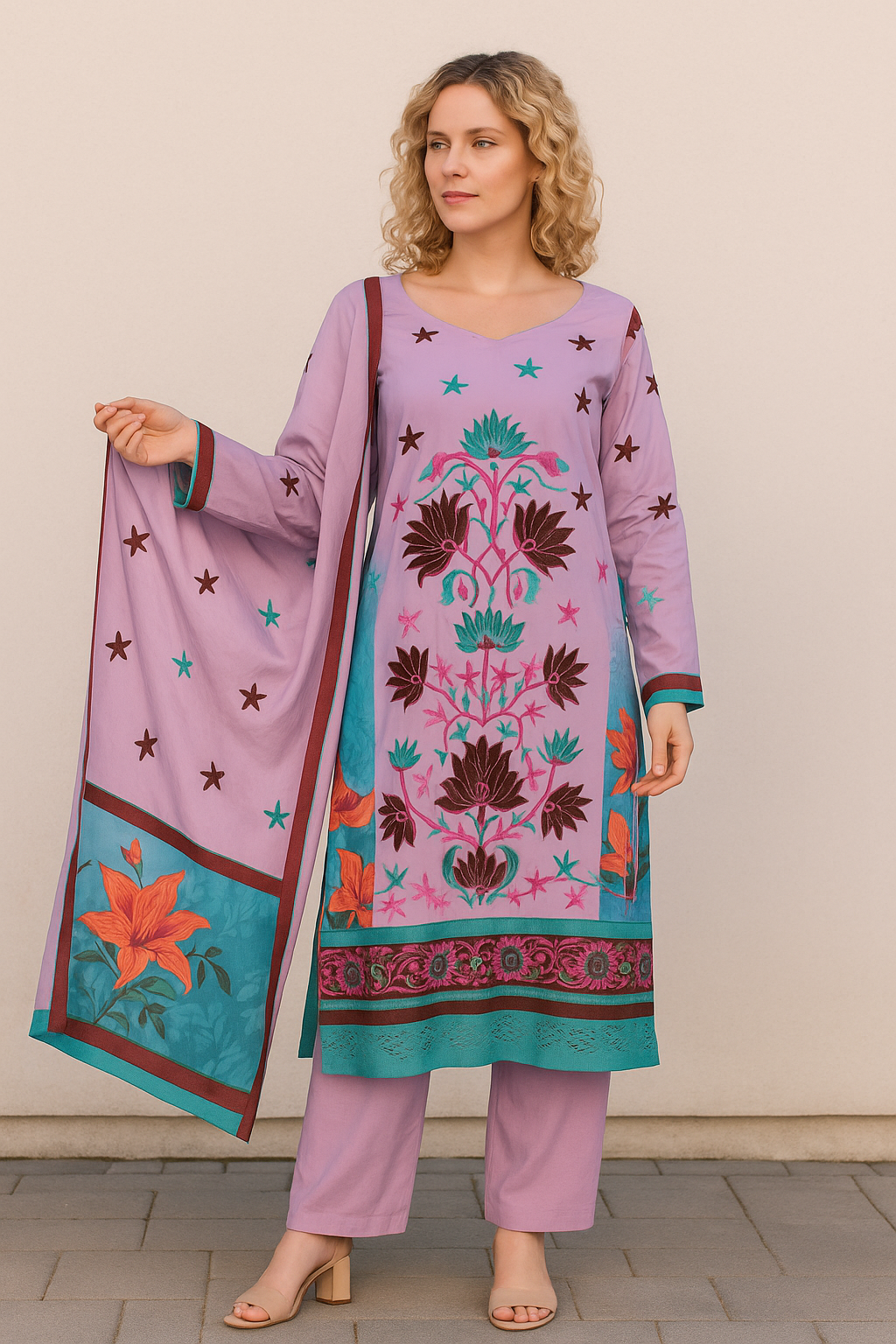 Purple  Embroidered salwar kameez Dupatta set plus chest size 48