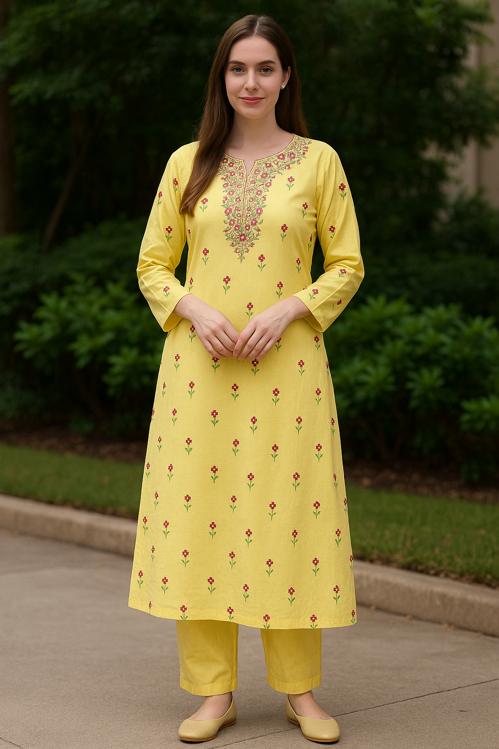 Yellow cotton Hand Embroidered salwar kameez Dupatta set Plus chest  Size 50