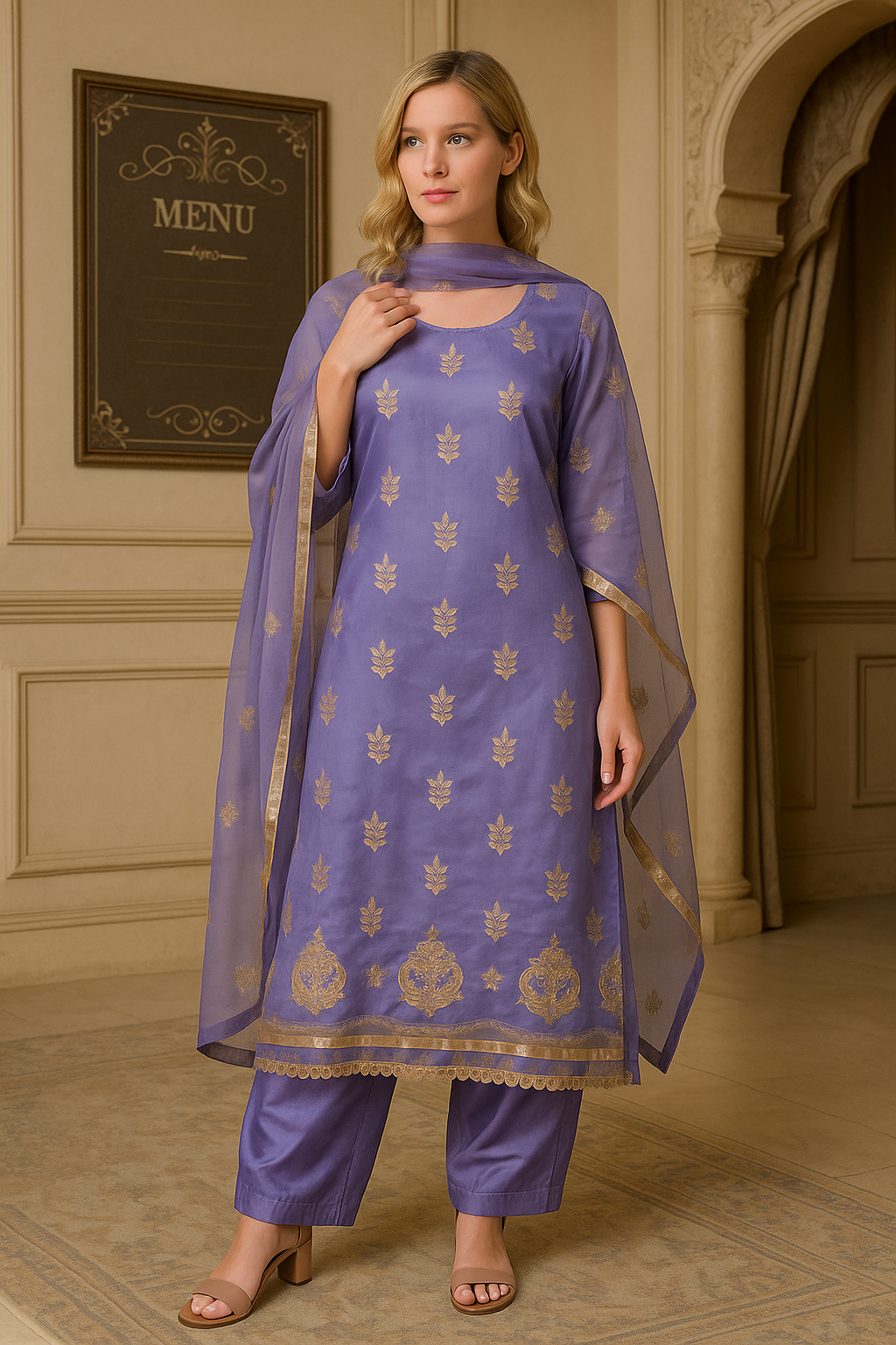 Purple Embroidered salwar kameez Dupatta set plus chest  Size 54