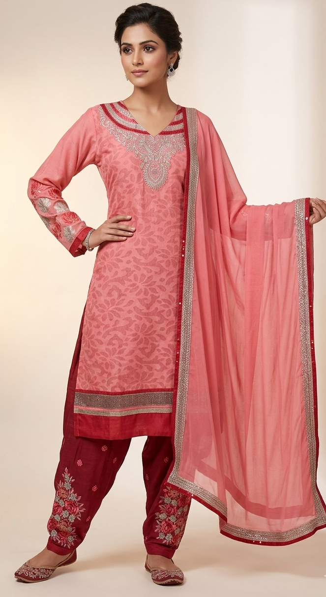 Melon Pink & Maroon Embroidered Cotton Salwar Kameez Set - Plus Size 52 (4XL)