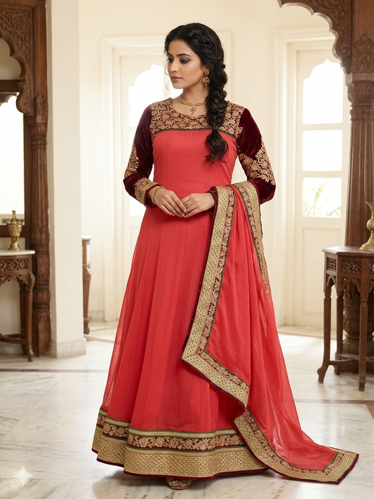 Crimson & Maroon Velvet Straight Kurta Gown Set Chest size 40