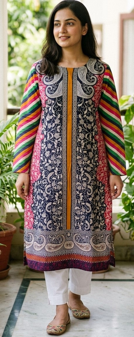 Model wearing a long kurta with black-and-white paisley and floral patterns, pink side panels and multicolor striped long sleeves.