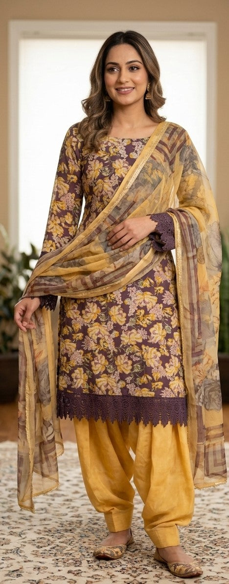 Brown and mustard floral long-sleeve crepe salwar kameez for women, Plus Size 50