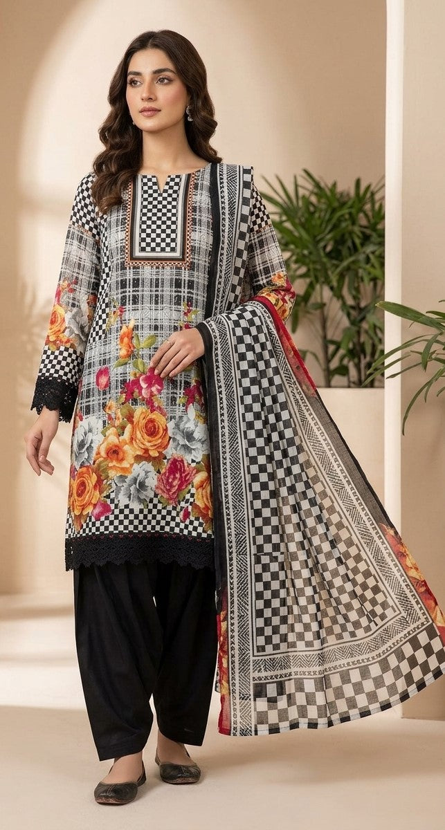 Black and white floral long-sleeve crepe salwar kameez for women, Plus Size 50