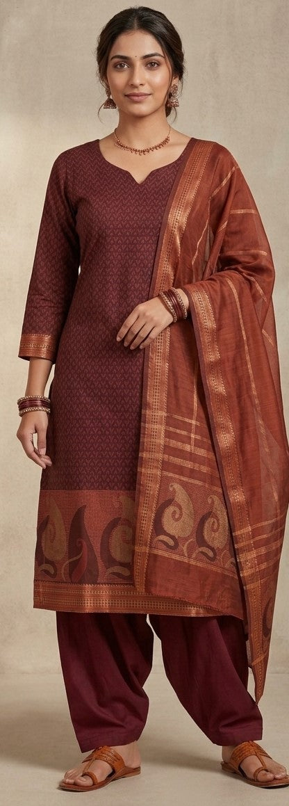 Maroon zari jacquard cotton salwar kameez set with paisley border and striped dupatta