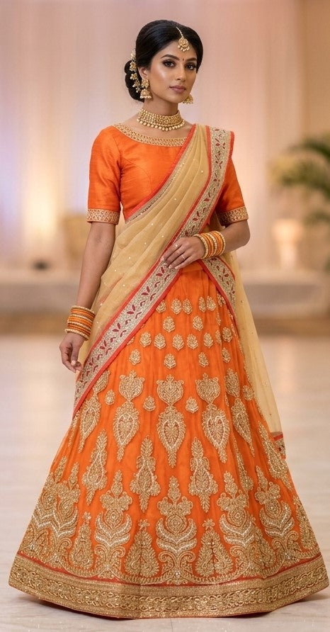 Orange beaded bridal lehenga choli set with full front and back gold zardozi embroidery - size 40 medium