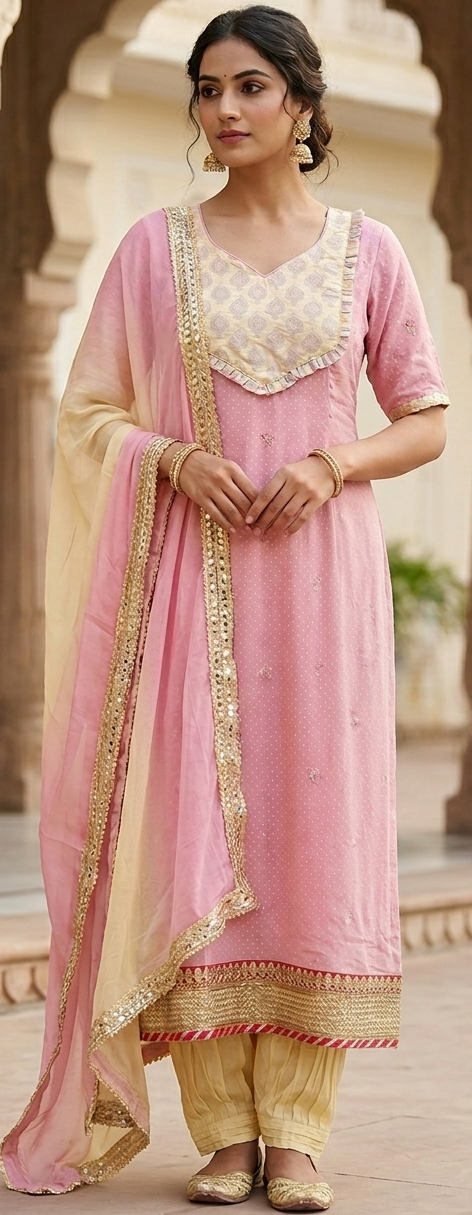 Plus Size Pastel Pink & Cream Straight Kurta Set with Salwar – Size 50