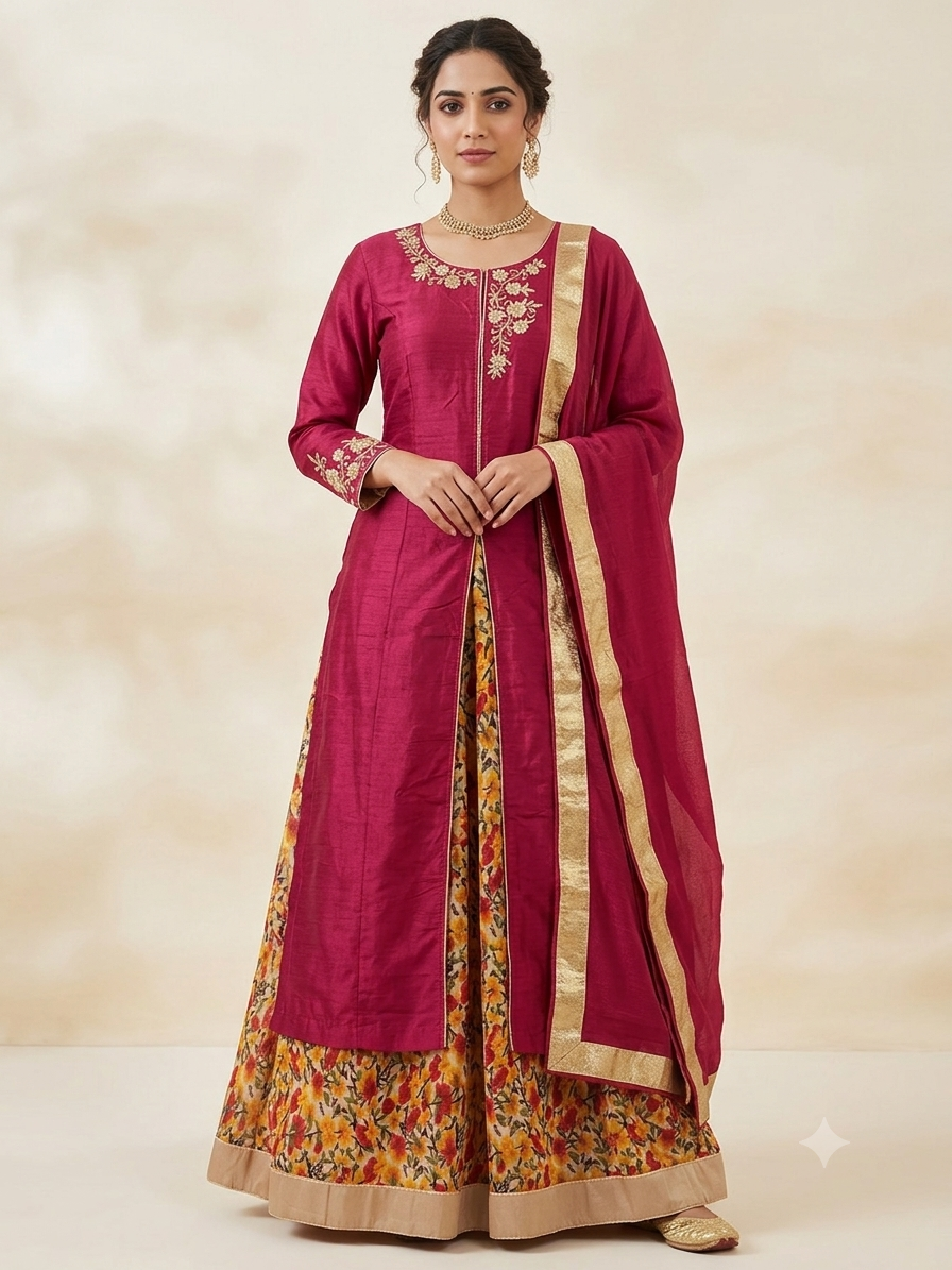 Fuchsia silk embroidered kurta with floral palazzo pants and gold border dupatta - size 40 medium