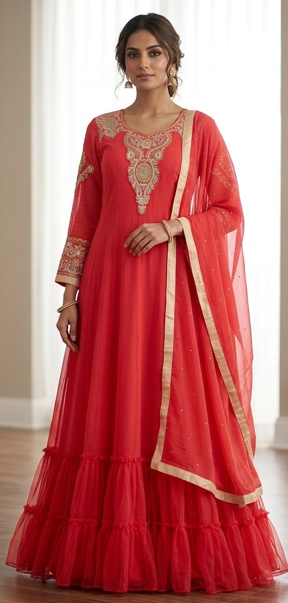 Vibrant Coral Pink Embroidered Anarkali Dress with Gold Work & Matching Dupatta (Chest Size: 44")