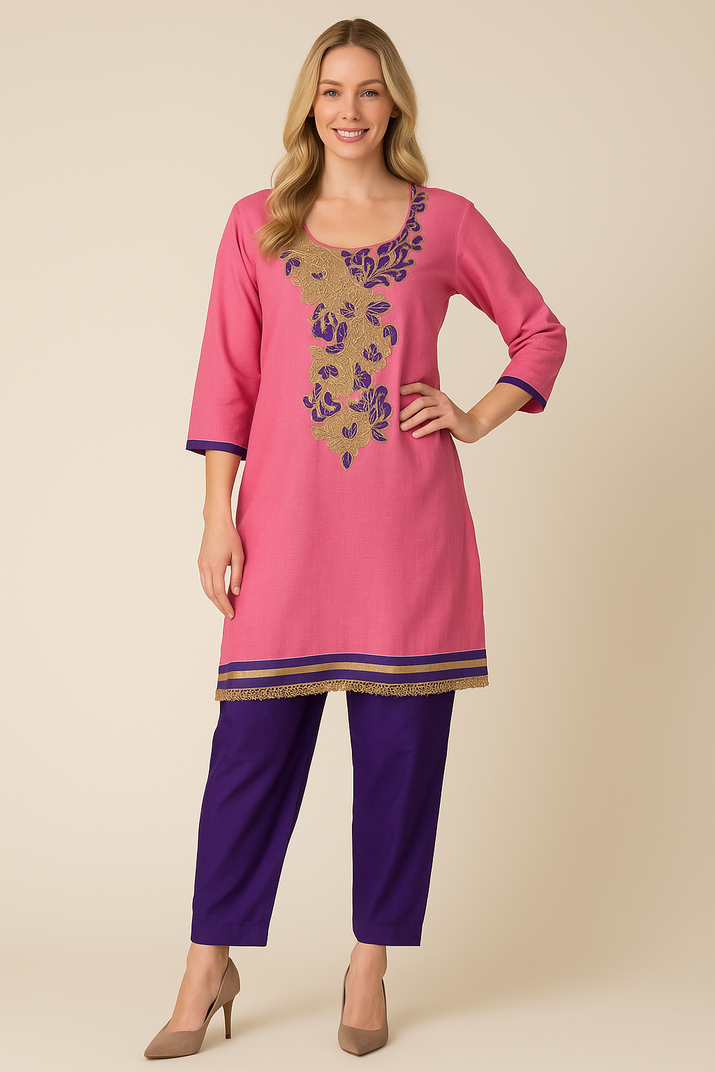 Pink Cotton  salwar kameez Dupatta set plus chest size 48