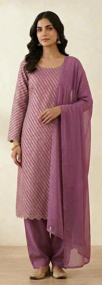 Purple long-sleeve dress with diagonal stripes, styled with purple pants and a draped scarf