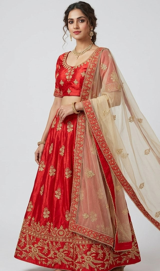 Red silk bridal lehenga choli set with gold zari embroidery and cream net dupatta