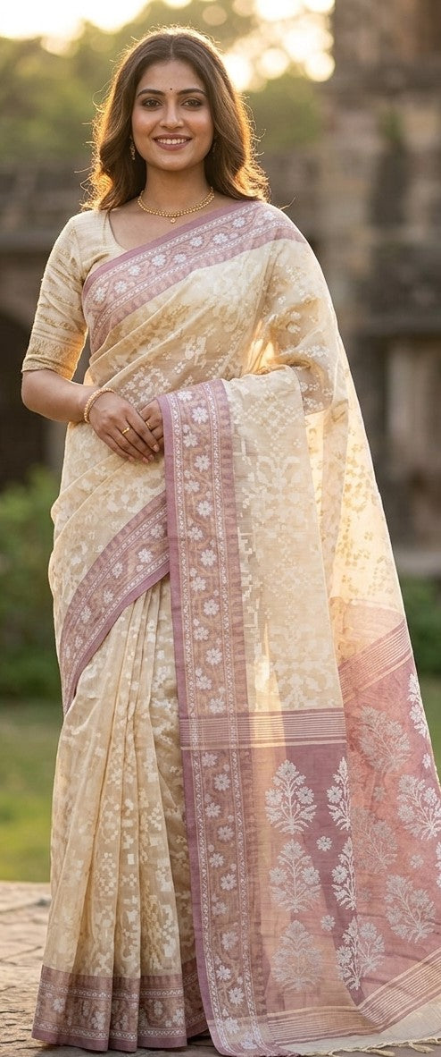 Cream tissue saree with pink zari woven border – Indian ethnic wedding wear, no blouse included