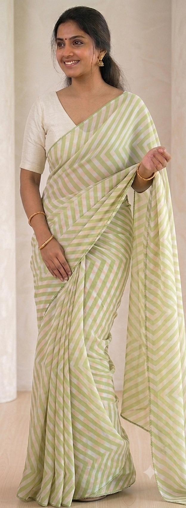 Sage Green Chevron Stripe Chiffon Saree
