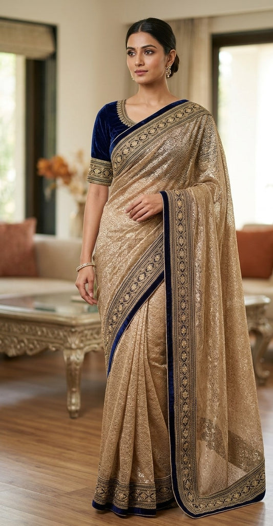 Women's Gold Embroidered Shimmer Saree with Navy Velvet Blouse