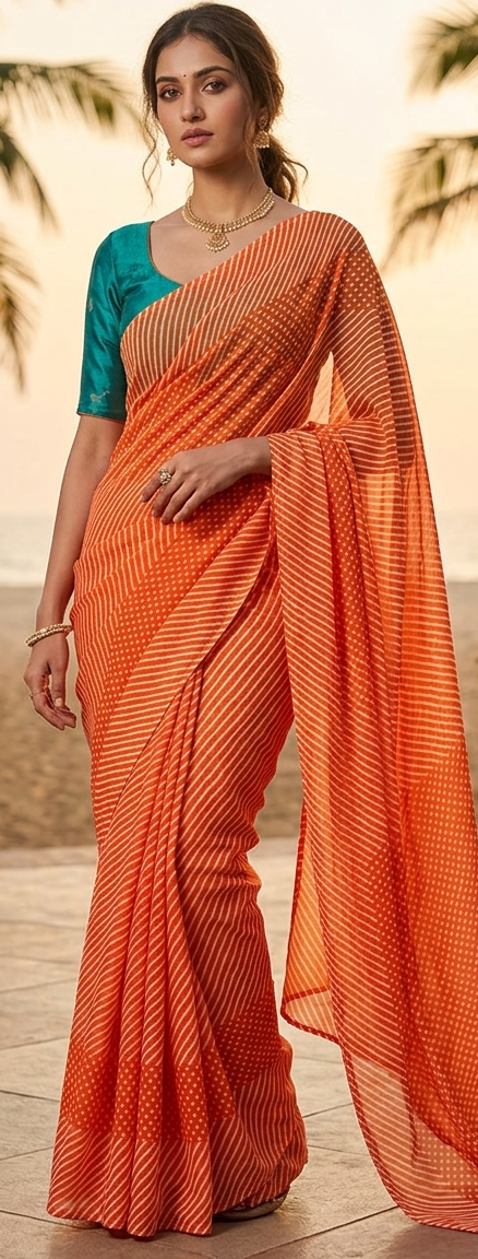 Orange Leheriya Stripe Printed Chiffon Saree