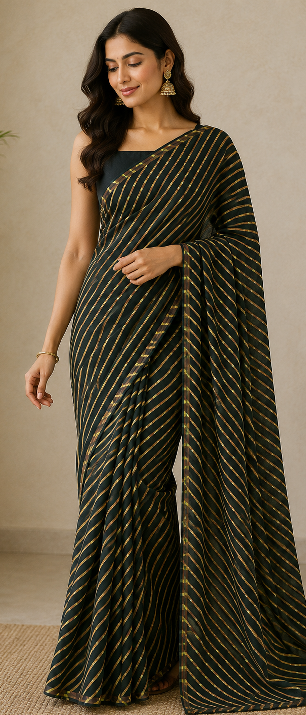 Black georgette saree with allover diagonal multicolor leheriya stripe weave in gold and green, flowing fabric, worn by a smiling model against a neutral background