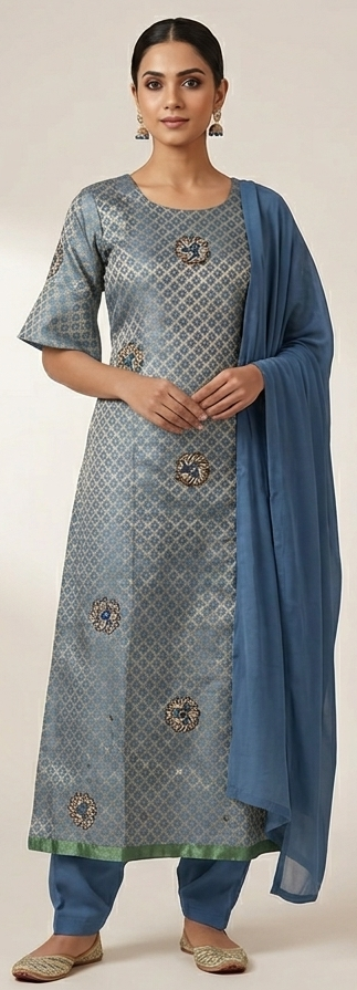Elegant Slate Blue Brocade Kurta Set with Salwar & Dupatta plus chest size 50,52,54,54