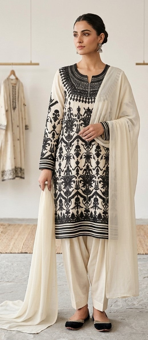 Model wearing a white salwar kameez with ornate black detailing, striped cuffs and hem, white salwar pants and white dupatta