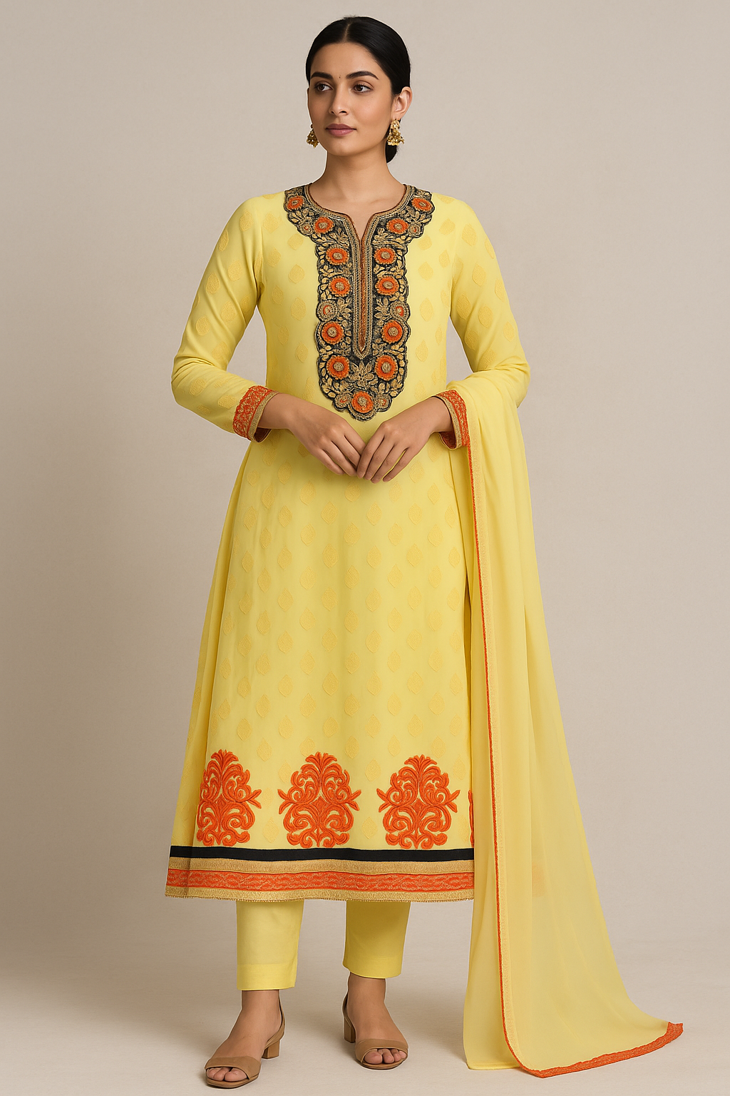 Yellow Embroidered salwar kameez dress plus chest size 48