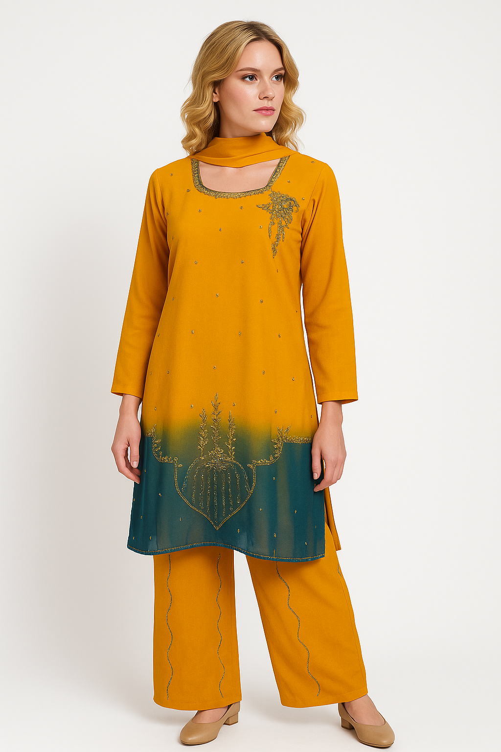 Two tone Beaded  salwar kameez Dupatta chest size 40 Medium