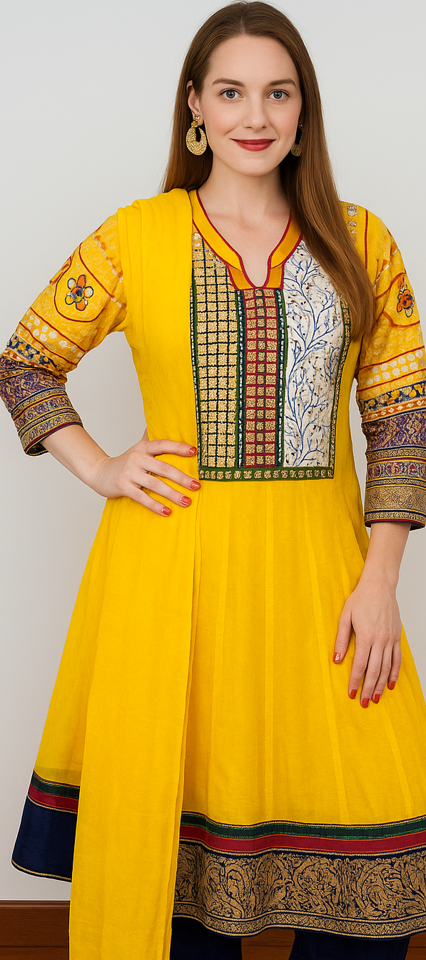 yellow  Embroidered  Gown Anarkali  salwar kameez Dupatta chest size 40 Medium & large Indian wedding party wear
