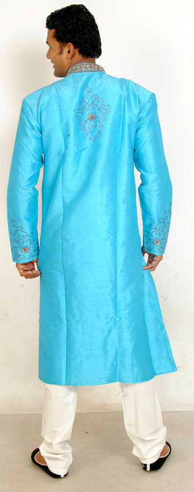 Blue Men’s Sherwani with Matching Beads Shawl | Ethnic Blue Men’s Sherwani