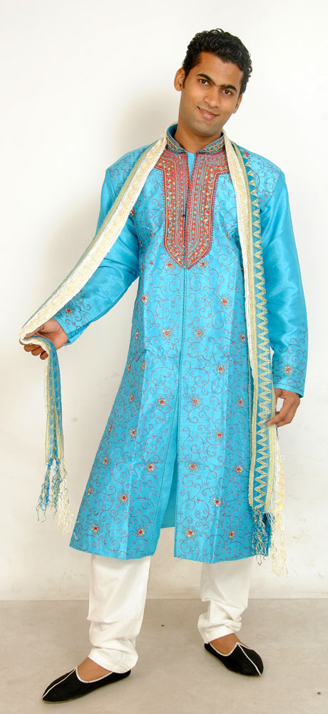 Blue Men’s Sherwani with Matching Beads Shawl | Ethnic Blue Men’s Sherwani