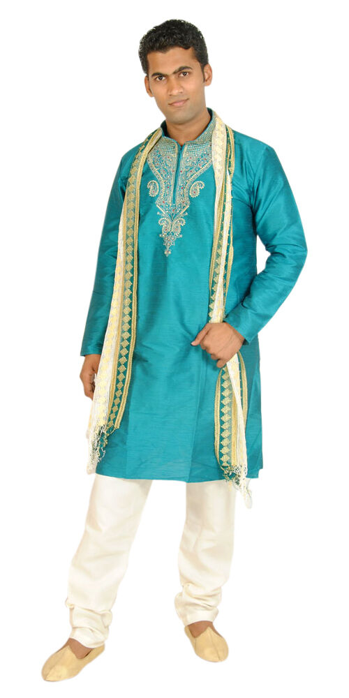 Men’s Teal Silk Kurta Pajama Set with Cream Dupatta – Indian Party & Wedding Wear | Plus Sizes up to 8XL