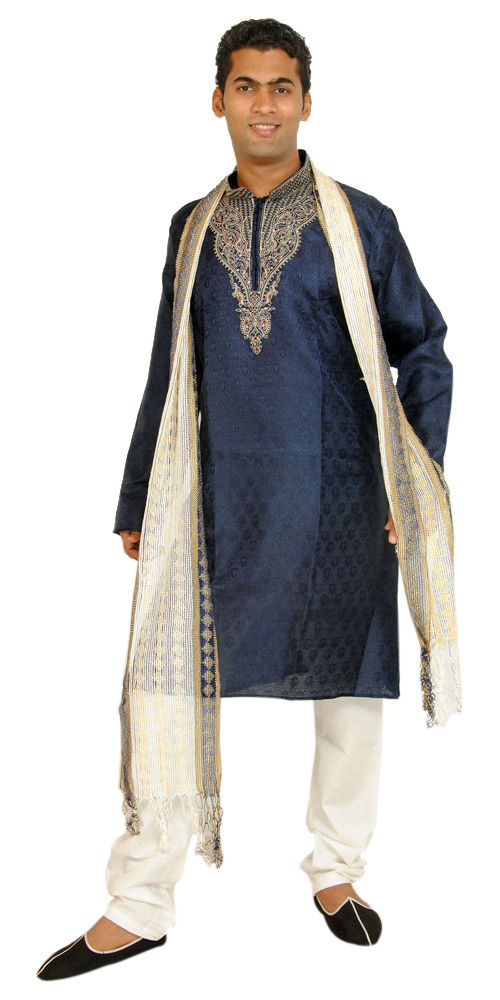Men's Blue Kurta Pajama Set with Shawl for Weddings | Plus Sizes up to 8XL | Ships from US